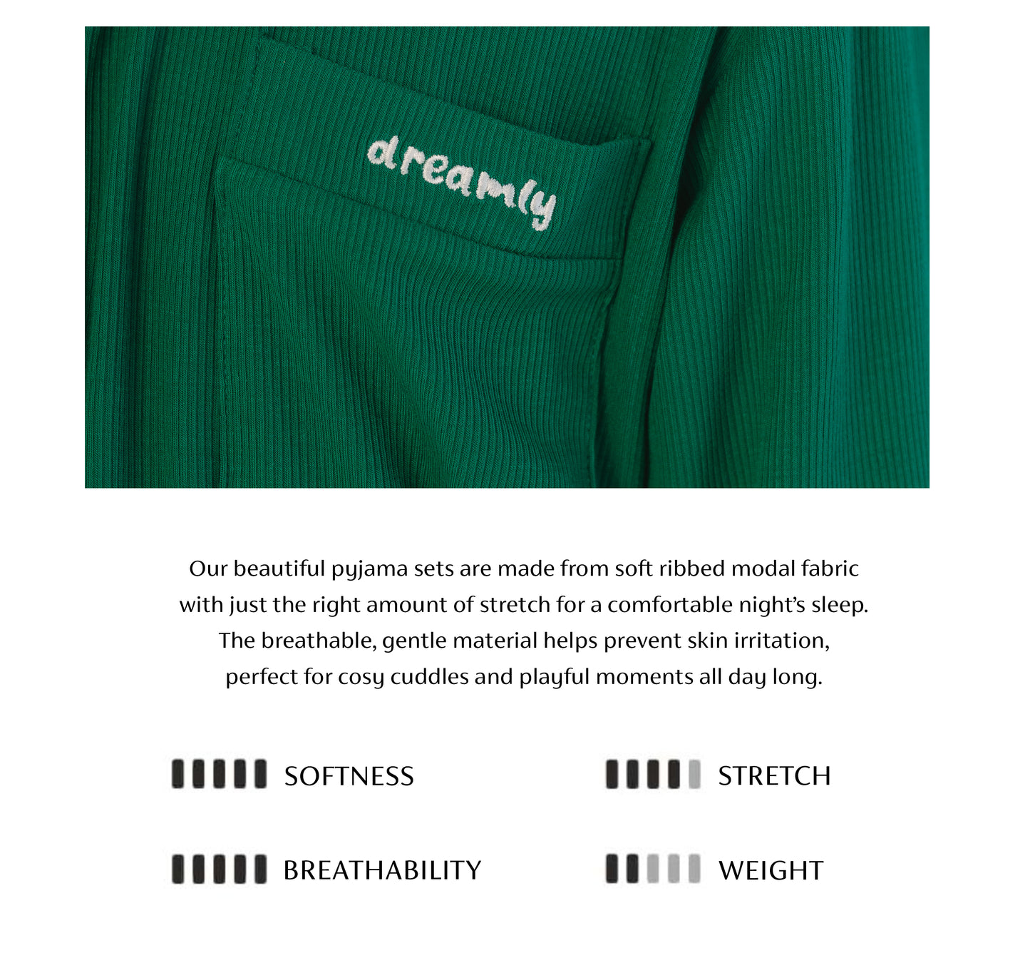 Green pajama set with 'dreamly' branding and product description text.